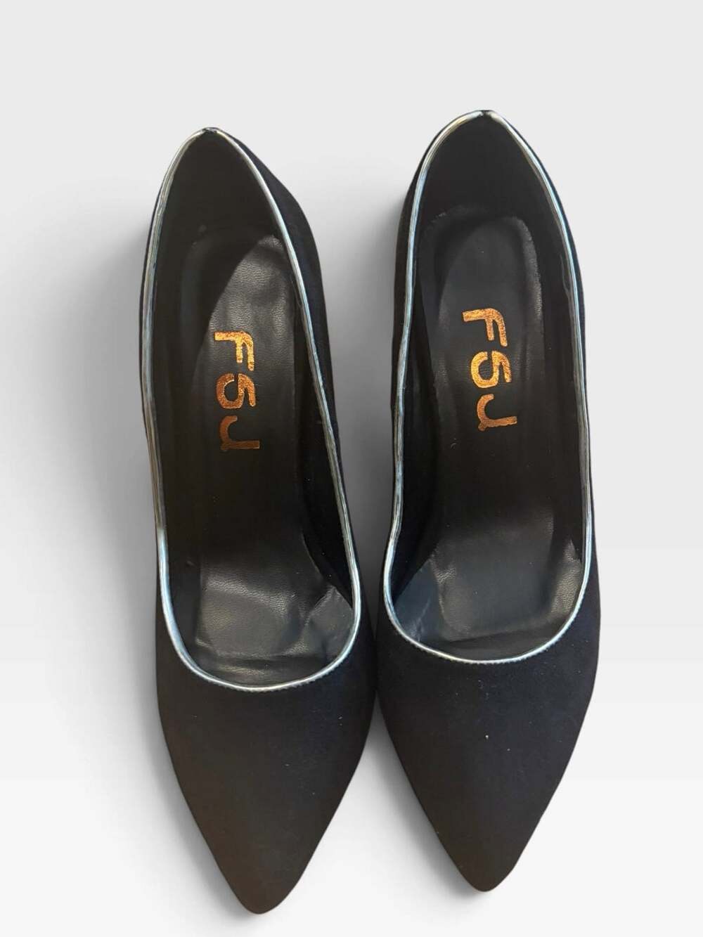 FSJ Black Faux Suede Gold Metallic Stiletto Heels Pointed Toe Pumps Size 6